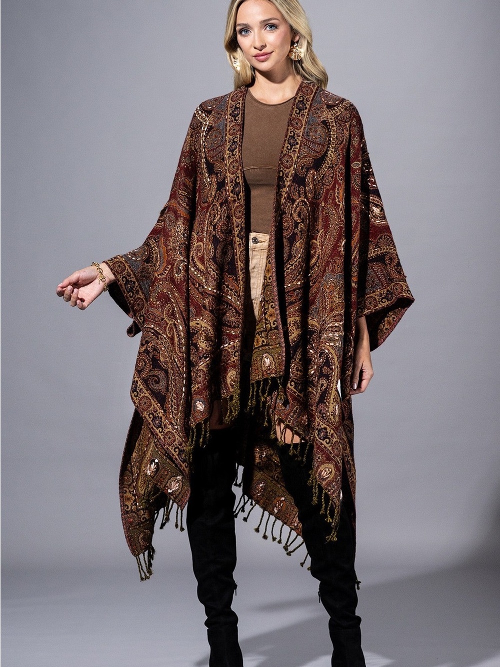 Ruggine 100% Wool Wine Embroidered Ruana